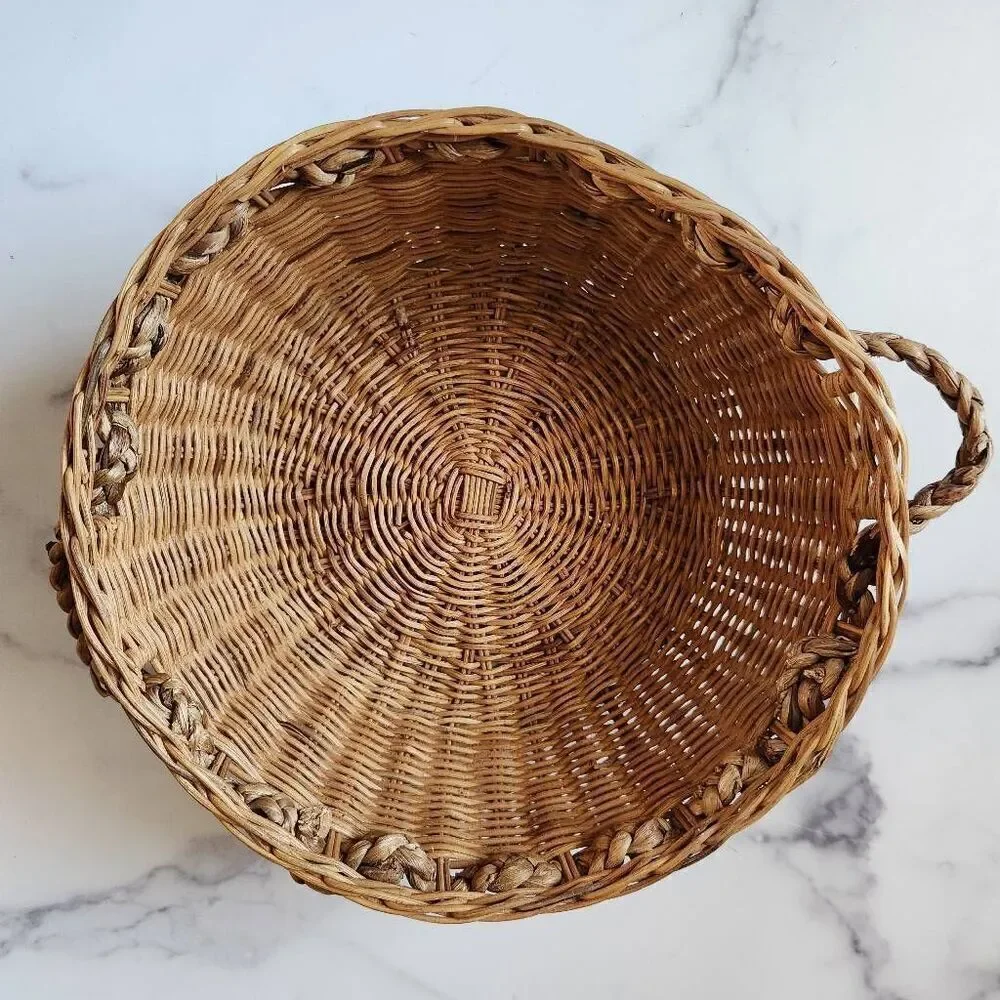 Woven wicker round basket handles various clear glass bottles vintage spice pine